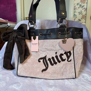 Juicy Couture Pink and Black Bow-Accent Tote with Heart Charm